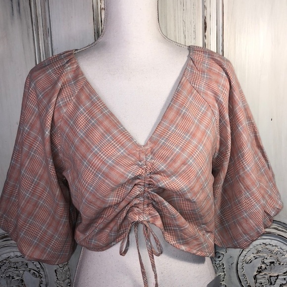 Nordstrom Maijic Blush Plaid Mid Sleeve 100% Cotton Shell Blouse Size Medium NWT - Picture 1 of 13
